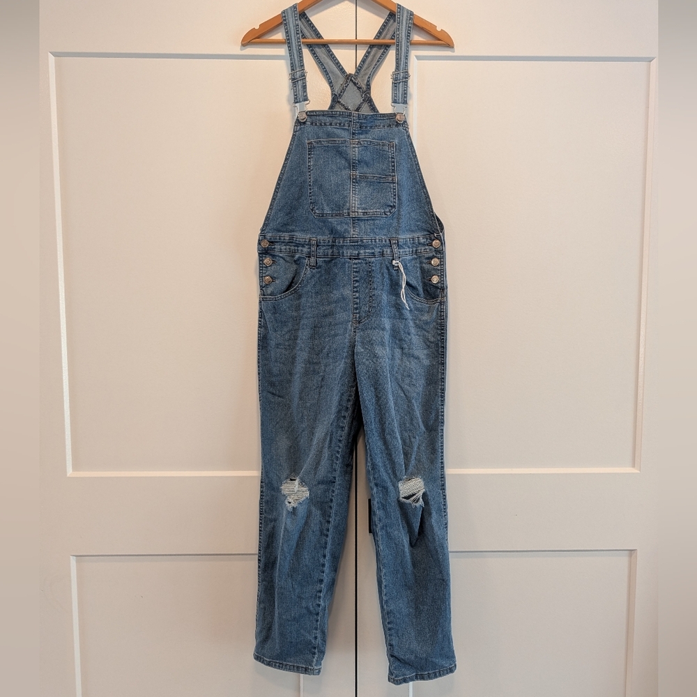 CELEBRITY PINK Women's Distressed Blue Denim Bib Overalls Size Small - Picture 2 of 14